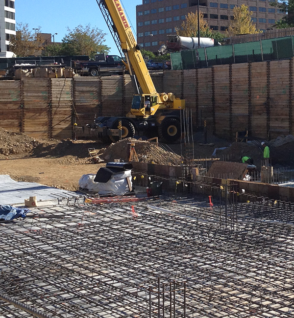 Concrete reinforcing bars at a construction site photo